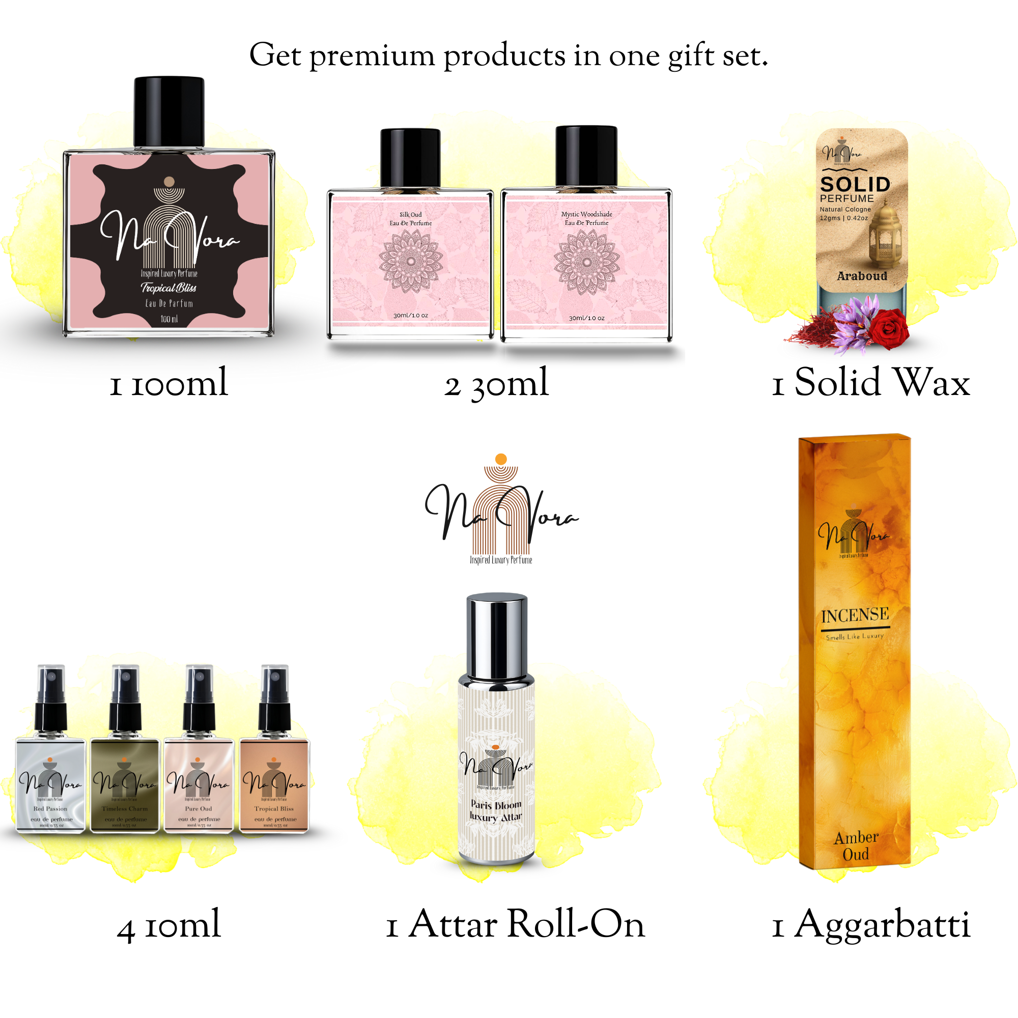 Navora Women's Complete Luxury Gift Set: 100ml, 2x30ml, 4x10ml EDPs, 12gm Solid Perfume (Araboud), Attar Roll-On, and Amber Oud Incense.